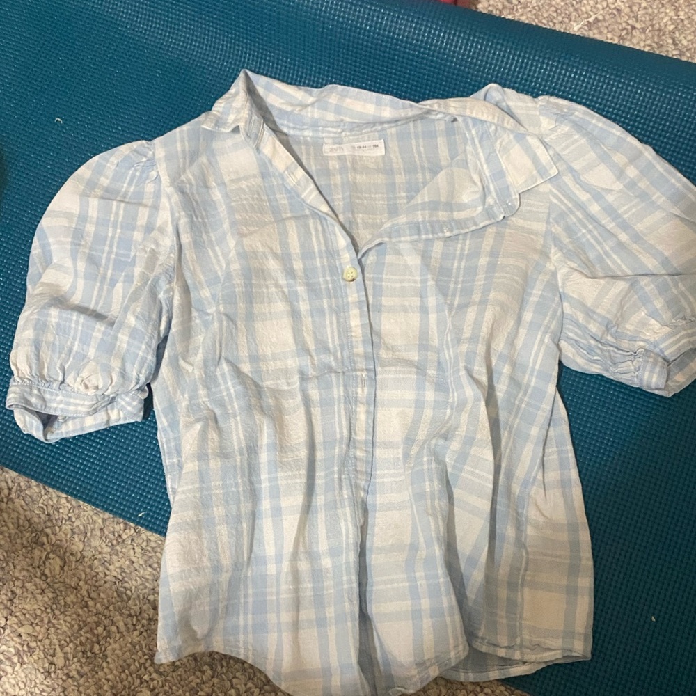 zara blue plaid shirt with puffy sleeves